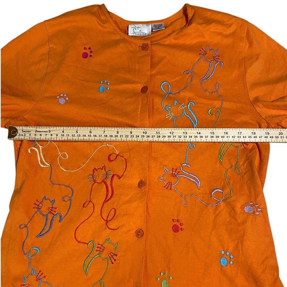 Vintage Tropico Orange Button-Front Shirt with Colorful Embroidered Cats Size M - Picture 4 of 4